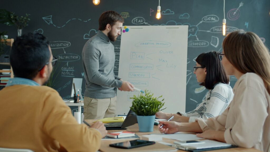 Team formuliert Objectives und Key Results gemeinsam am Whiteboard