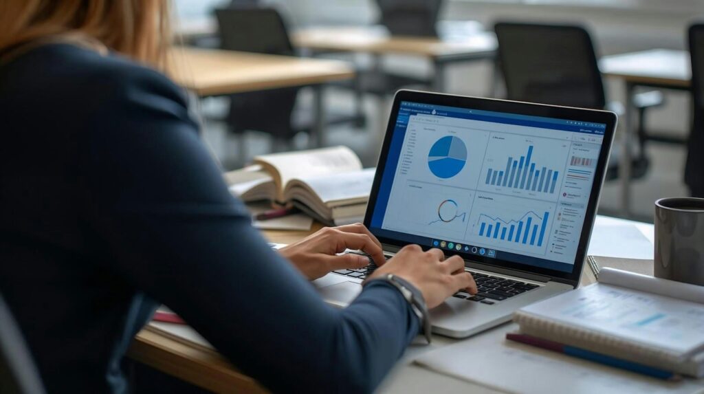 Unternehmerin plant den Finanzierungsmix am Laptop mit Diagrammen